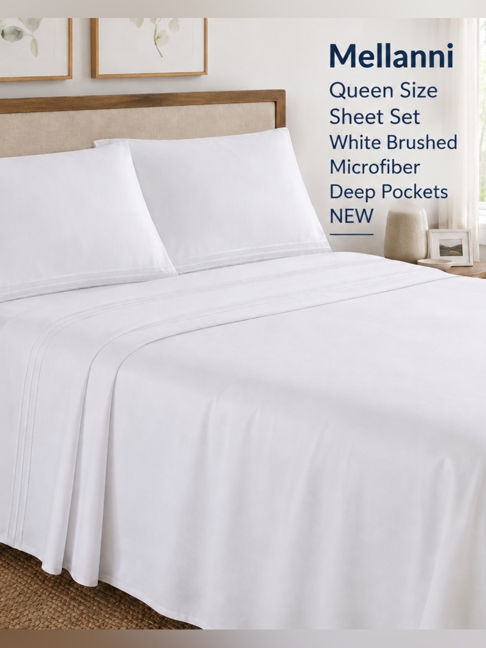 Mellanni Queen Sheet Set White 1800 Brushed Microfiber Deep Pocket NEW